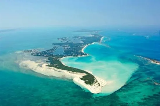 Aerial view of Green Turtle Cay with its beaches and sheltered harbours