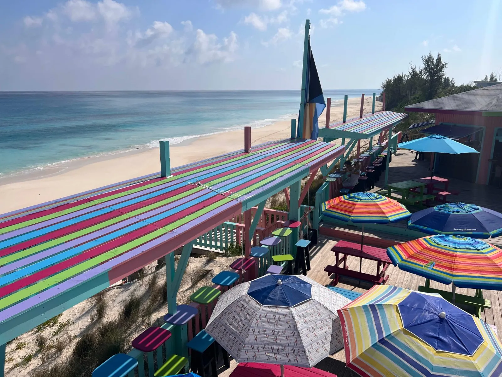 Nipper's pink-and-blue beach bar above the ocean on Great Guana Cay