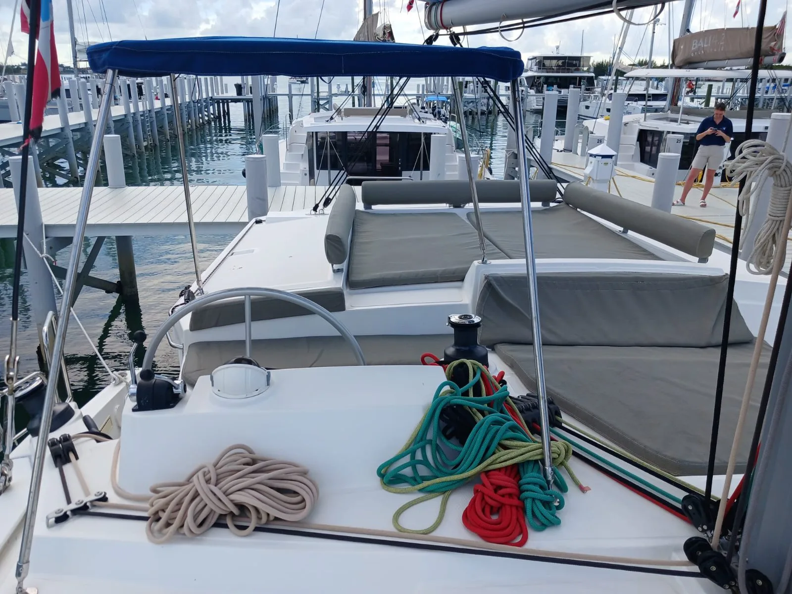 The flybridge of Cat Tales looking aft