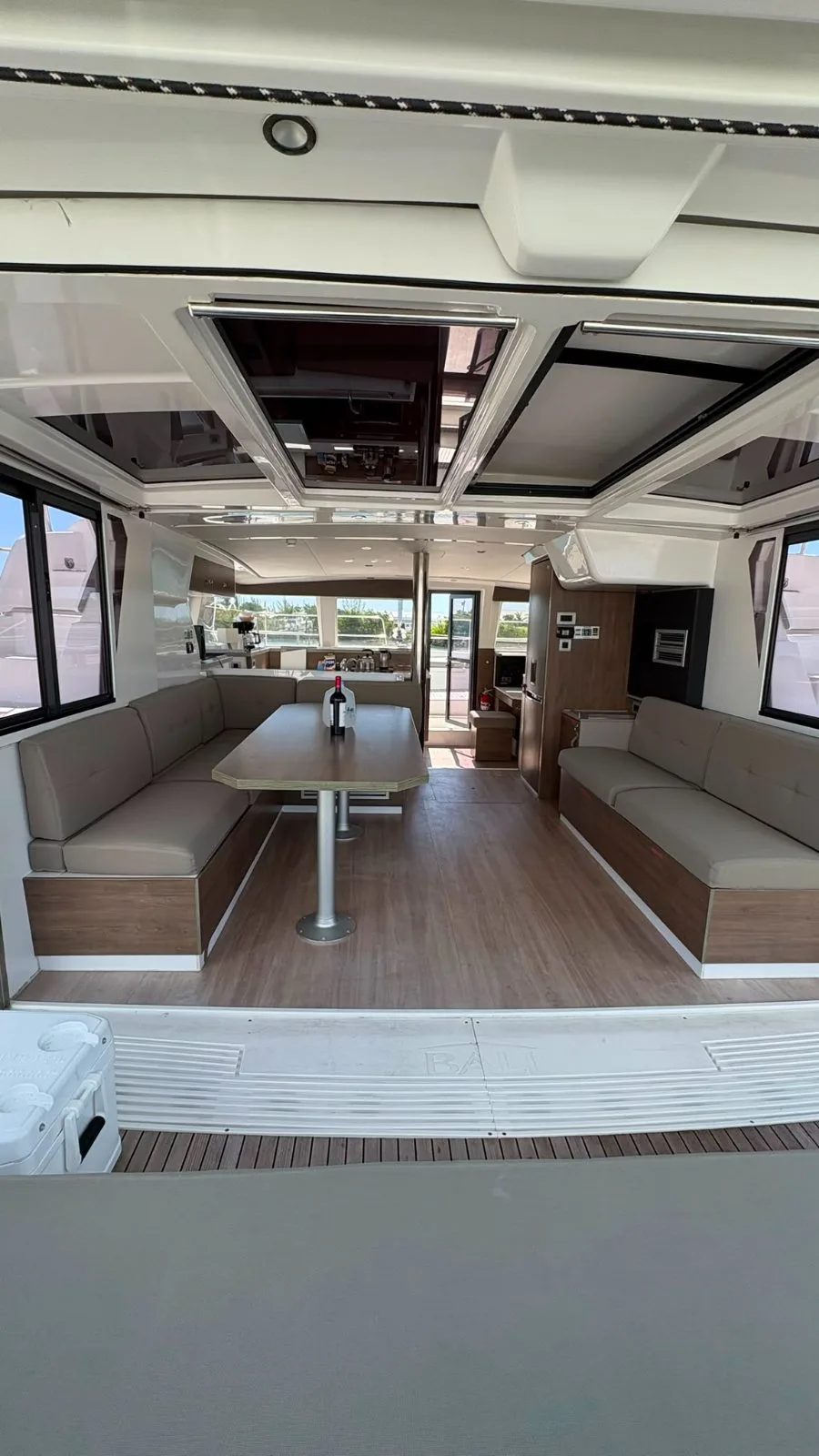 The open-plan saloon and galley of Cat Tales