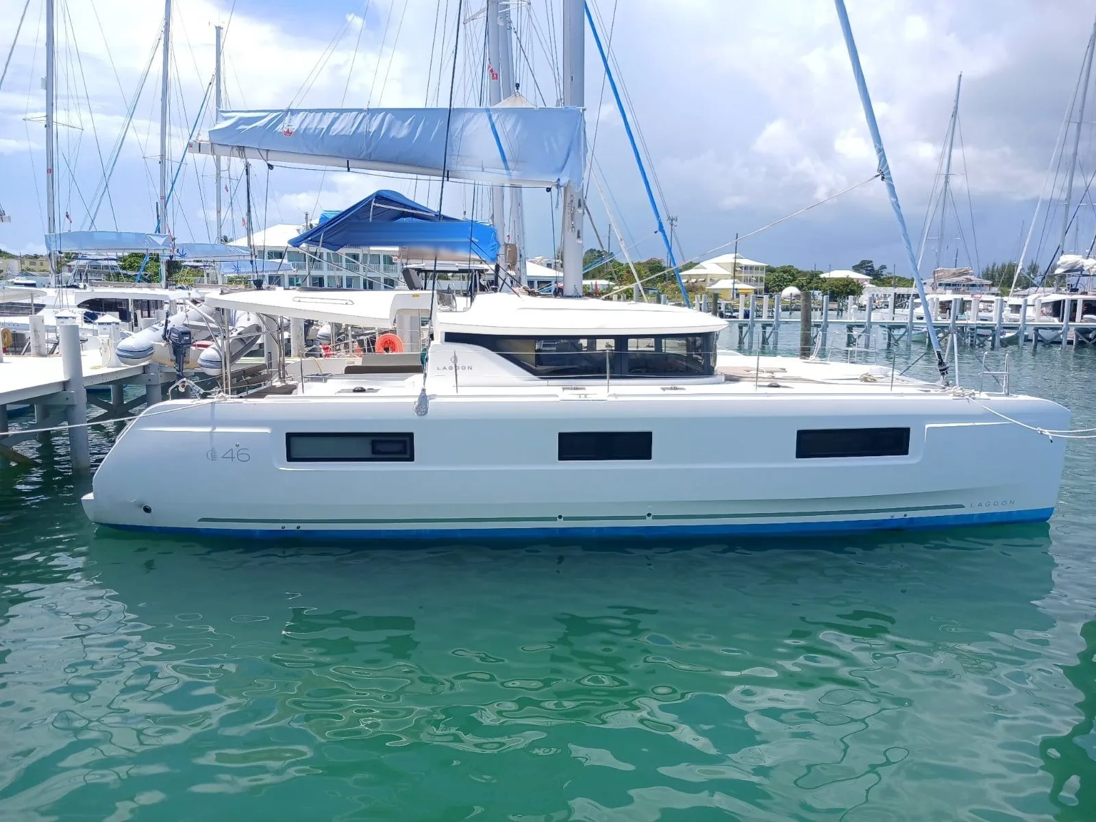 C U Sailing II, a Lagoon 46 catamaran, at her berth in Marsh Harbour