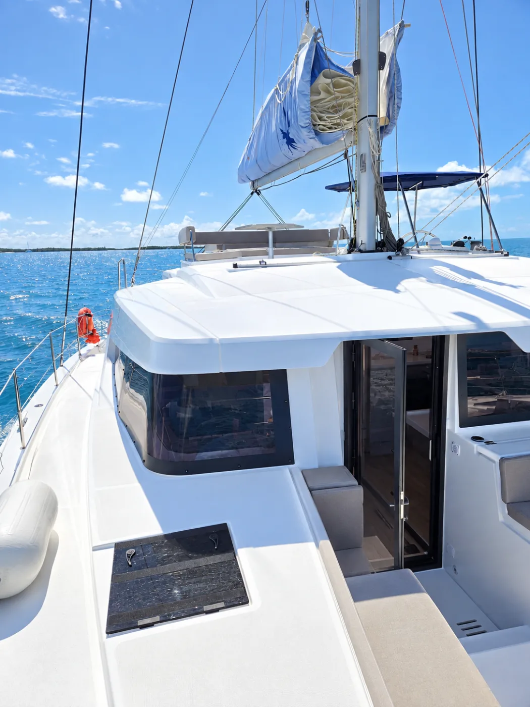 The solid foredeck terrace of Exodus looking aft to the coachroof