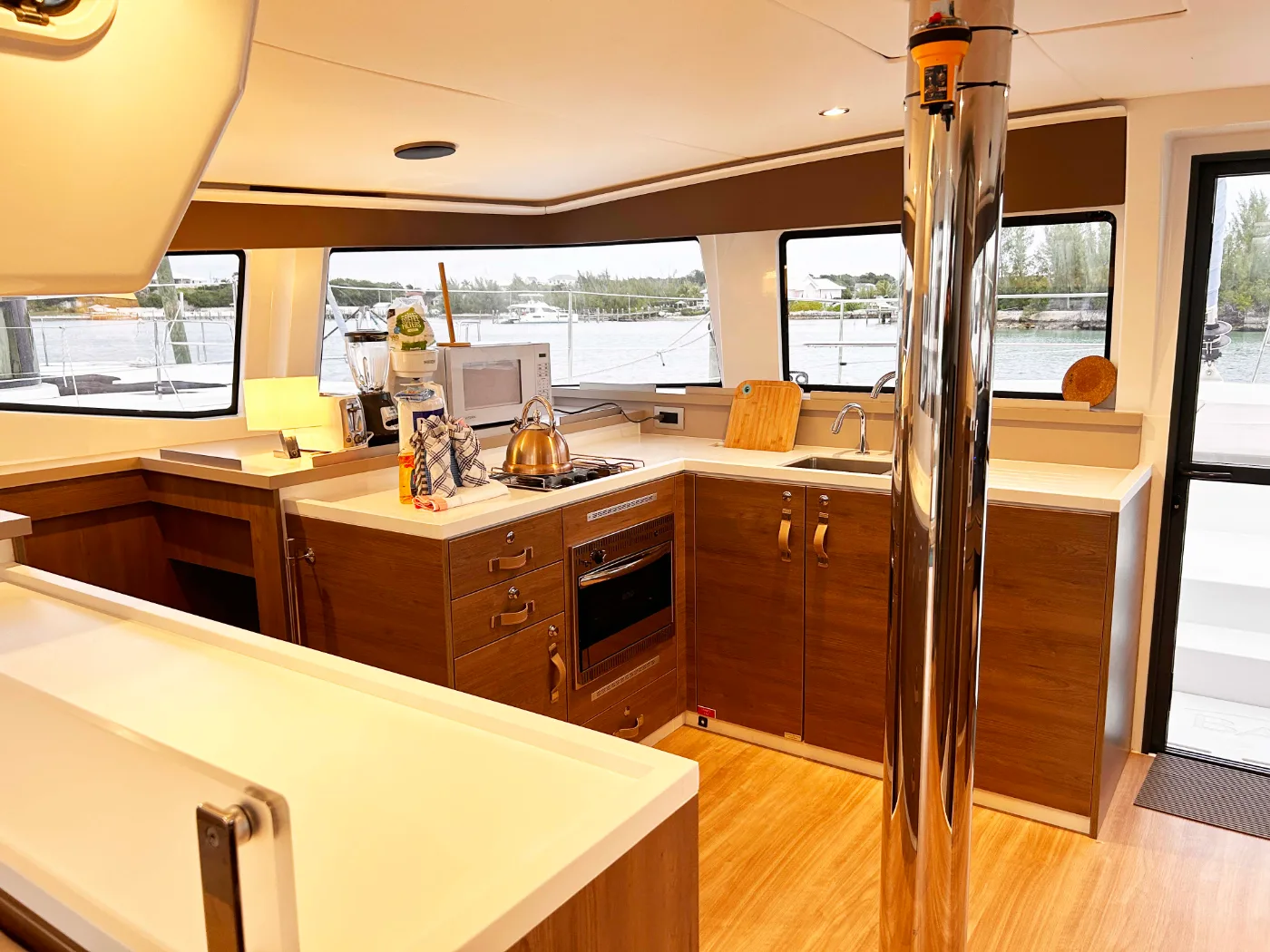 The galley of Exodus with gas hob, oven and full-size fridge