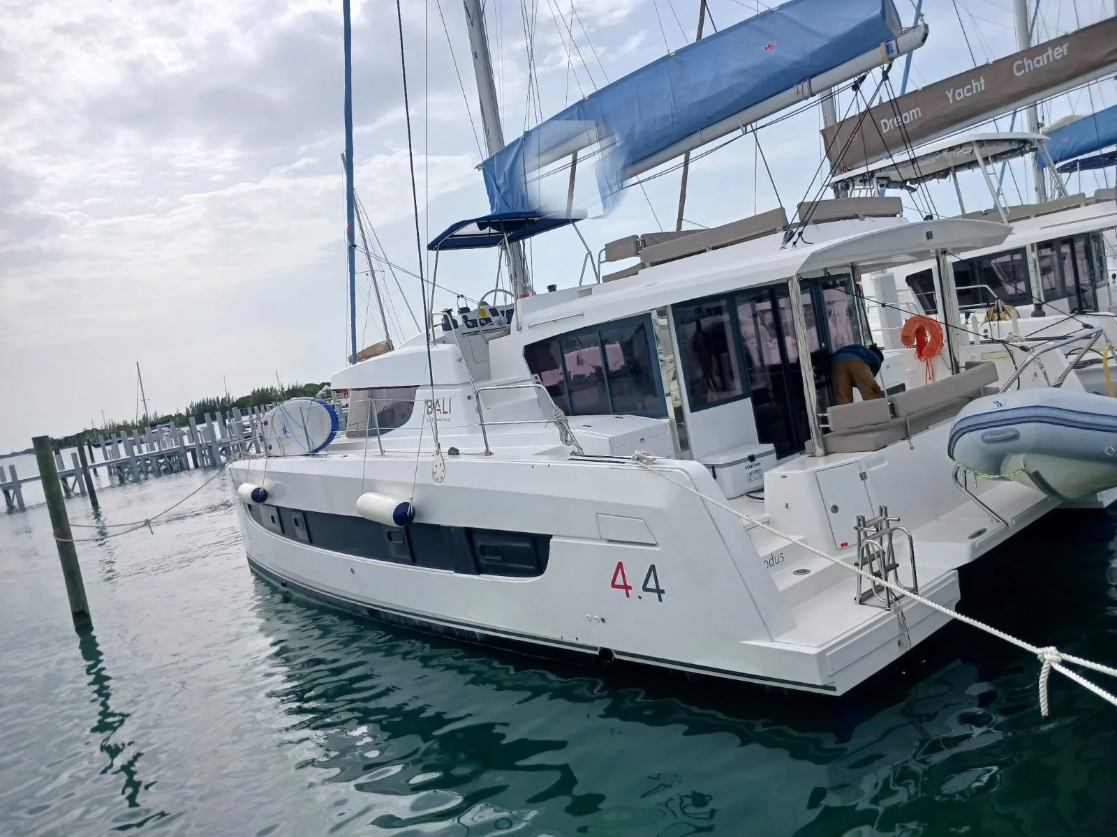 Exodus, a Bali 4.4 catamaran, at her berth in Marsh Harbour