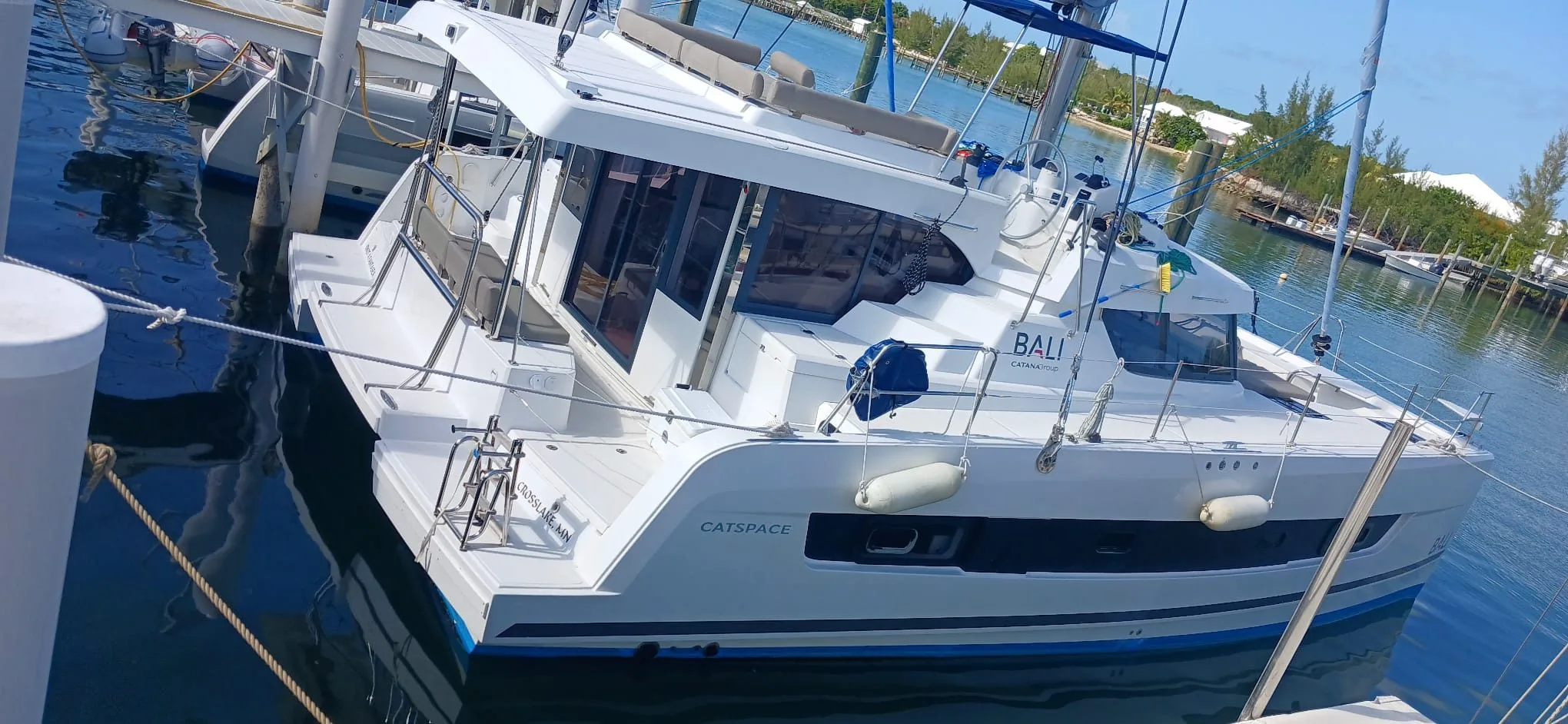 Knot a Fantasea, a Bali Catspace catamaran, at her berth in Marsh Harbour