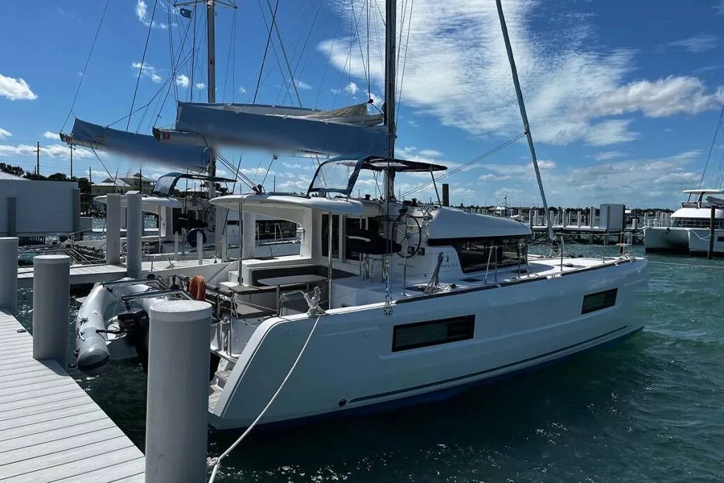 Indie Vortex, a Lagoon 40 catamaran, at her berth in Marsh Harbour