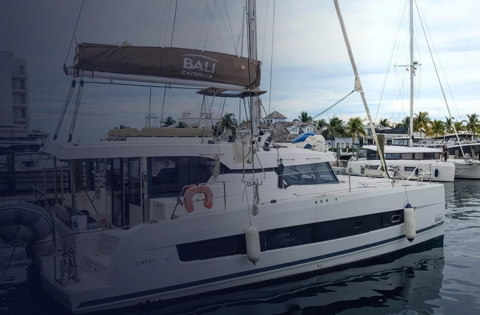 Let's Geaux, a Bali Catspace catamaran, at her berth in Marsh Harbour