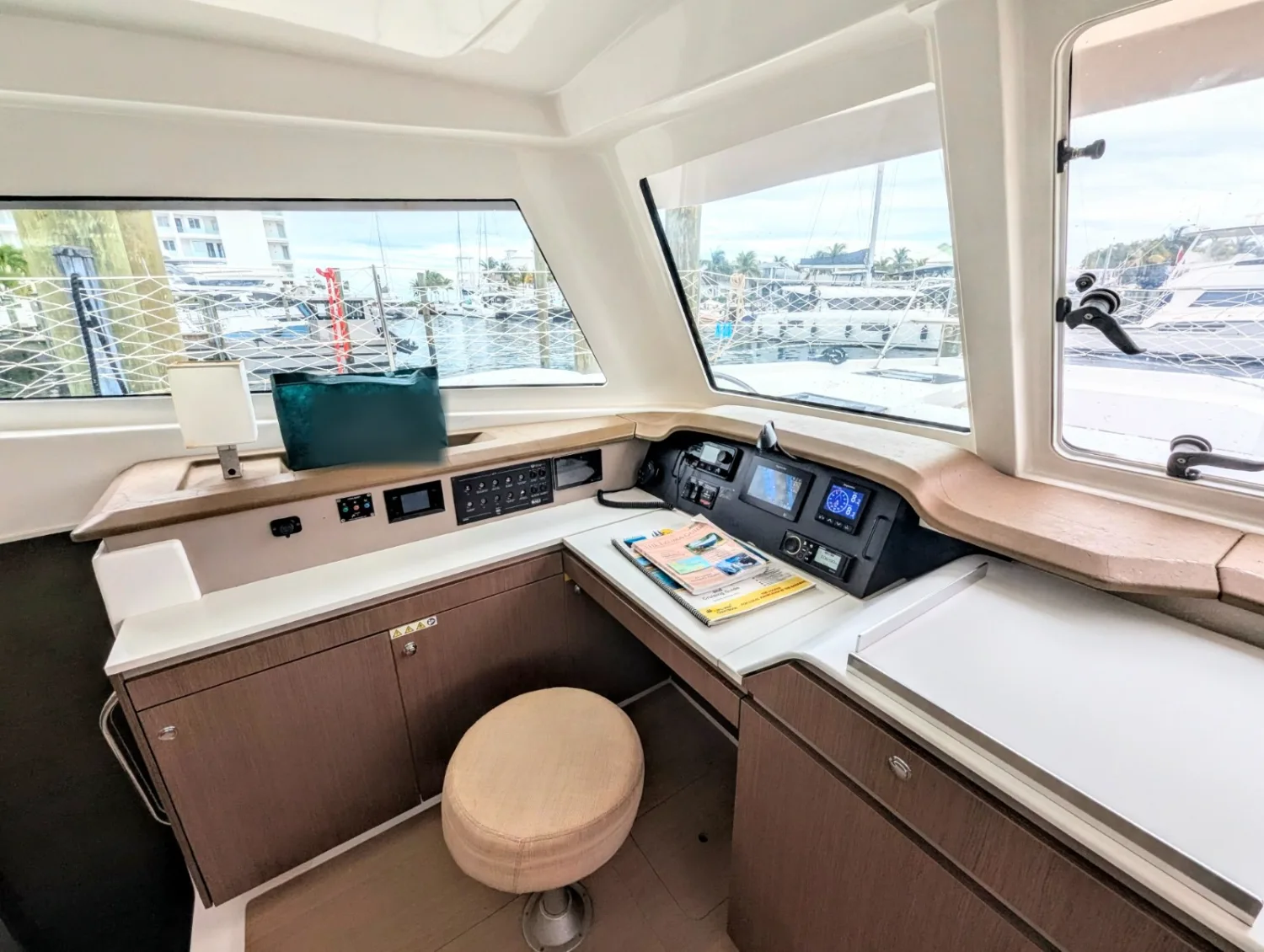 The chart table and nav station aboard Let's Geaux