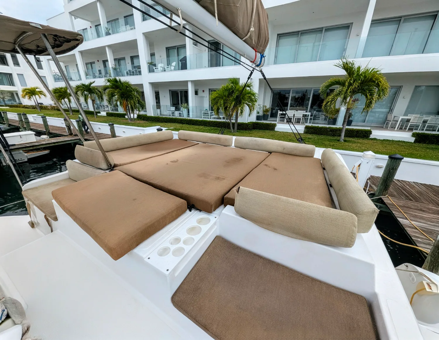 The foredeck sun terrace and sunpads of Let's Geaux