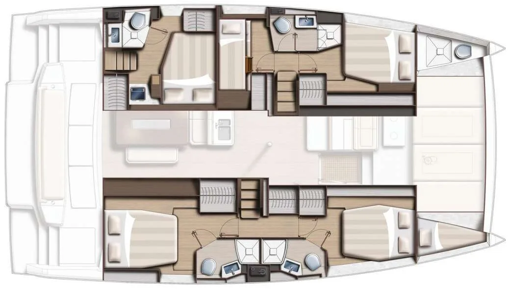 Accommodation plan of Moonshine — Bali 4.6, five cabins, four heads
