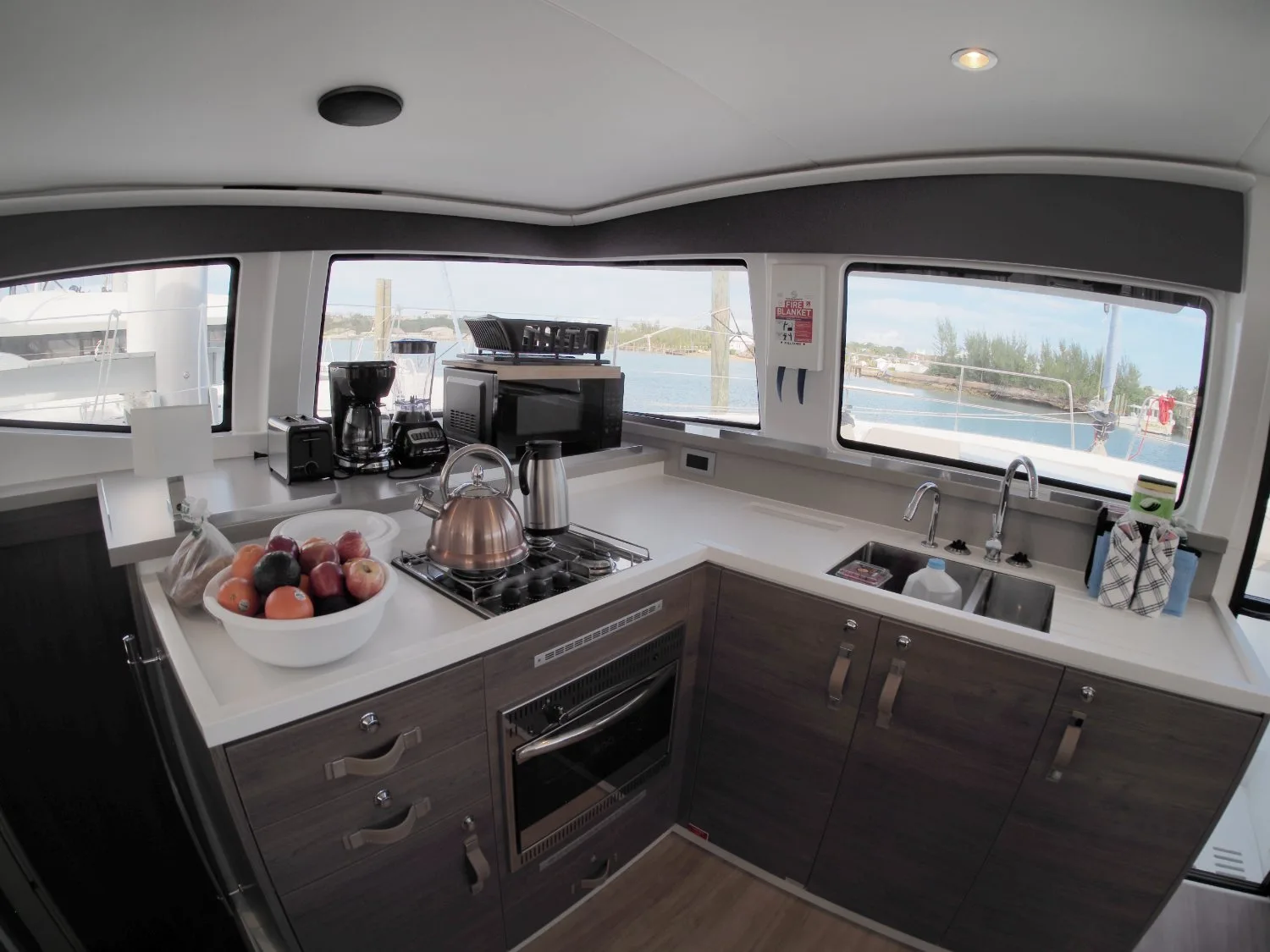 The galley aboard Ptarmigan — full-size oven, three-burner stove and twin sinks
