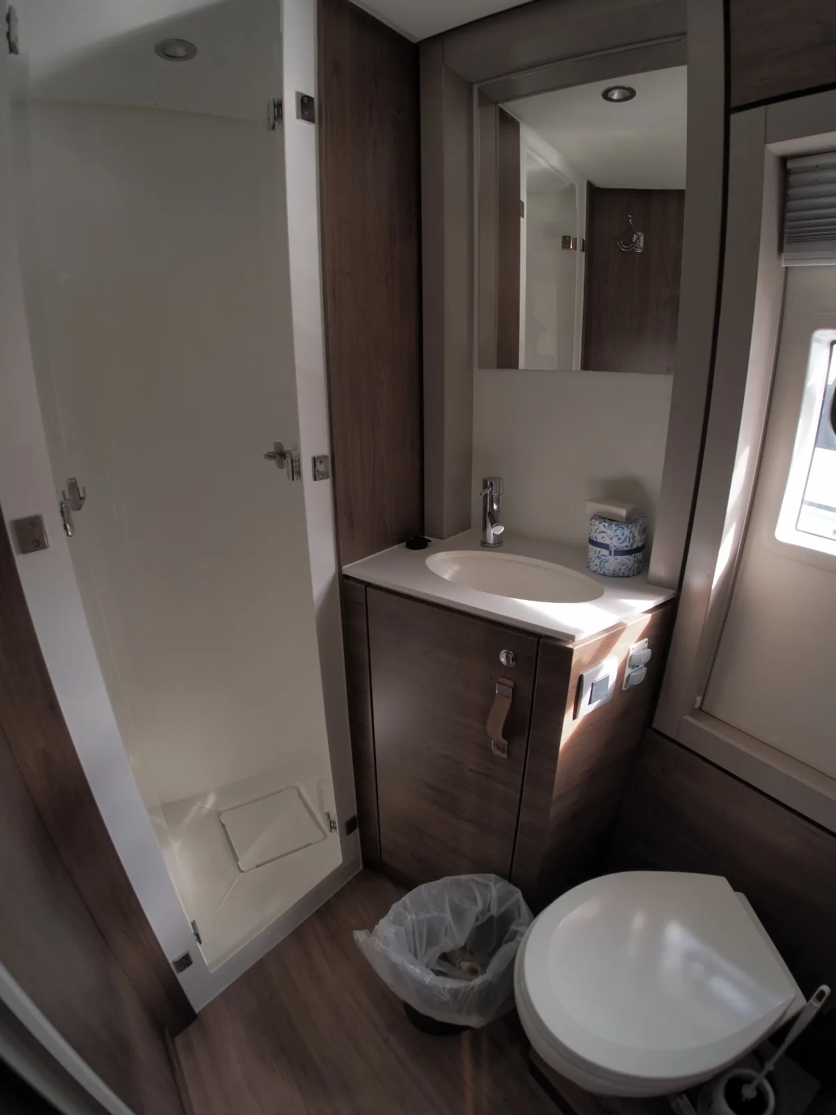 An en-suite head aboard Ptarmigan with separate shower stall