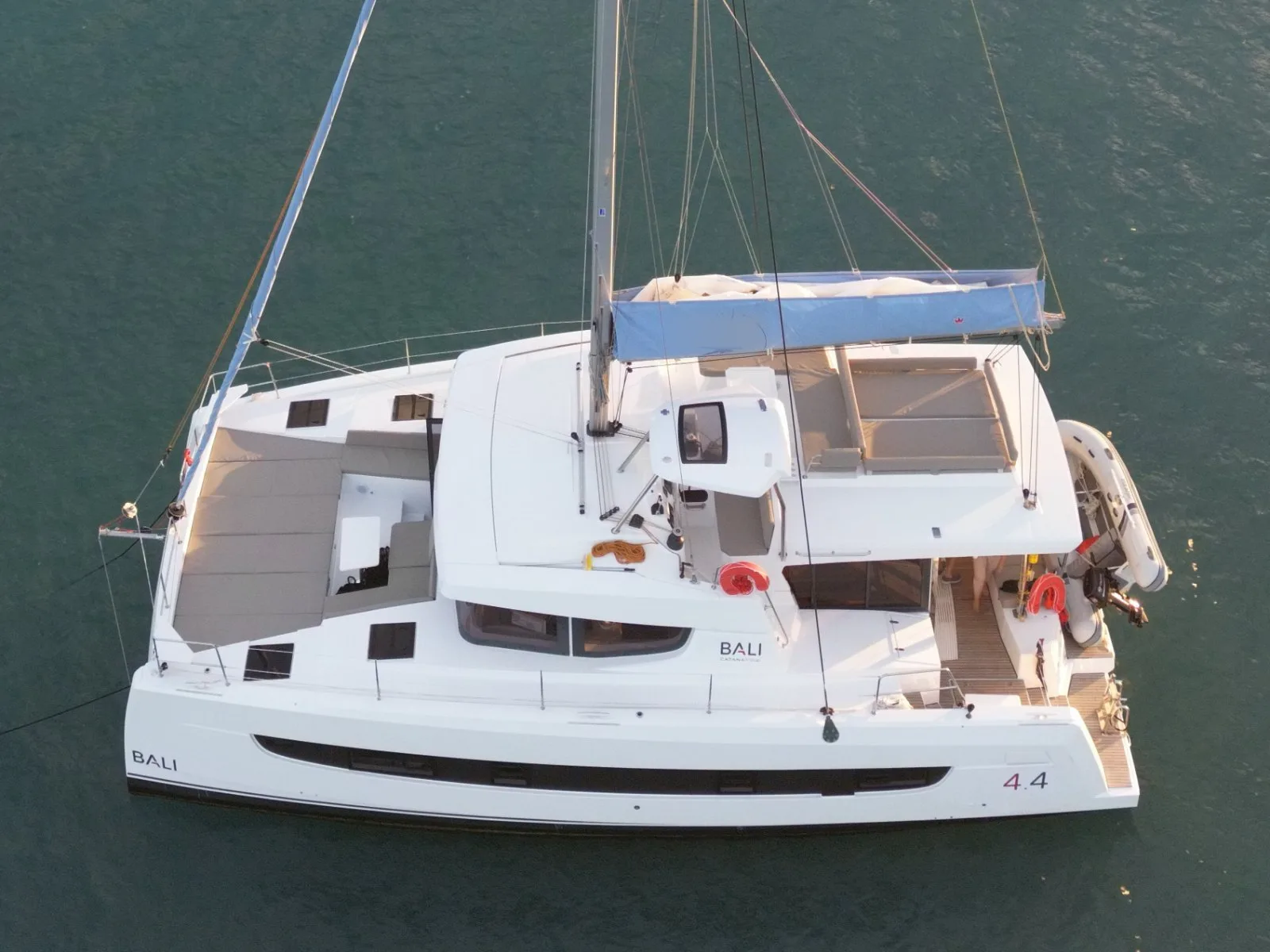 Ptarmigan seen from above at anchor — flybridge, cockpit and foredeck