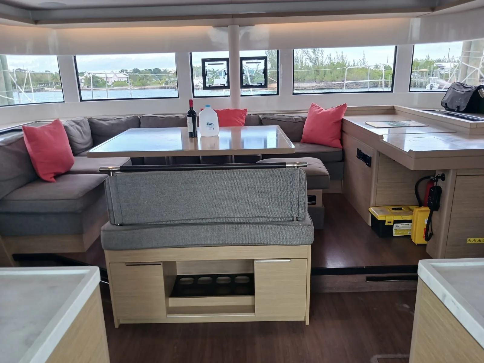 The saloon of Sapphire Seas, with panoramic windows and galley